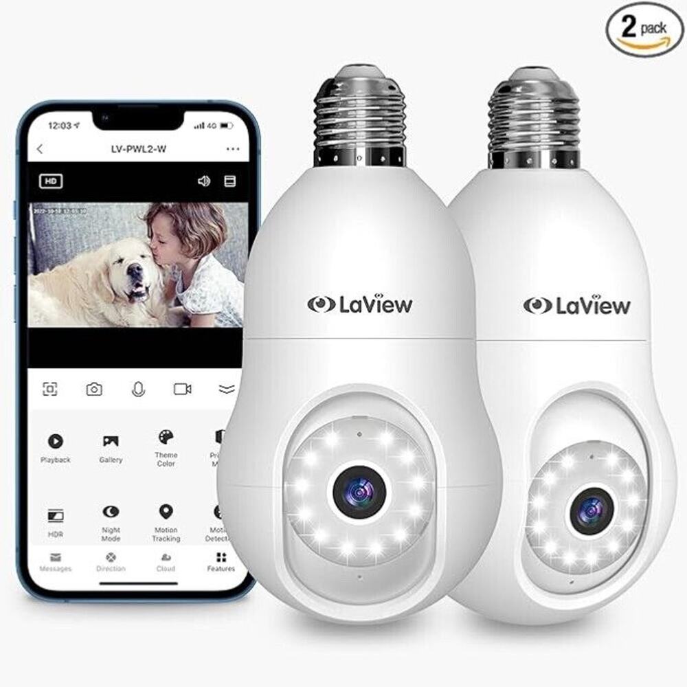 LAVIEW 4MP Light Bulb Security Camera 2-Pack WHITE